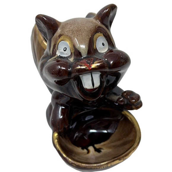 Squirrel Chipmunk Crazy Buck Tooth Brown Ceramic Nut Trinket Dish Vintage Japan - Picture 10 of 10